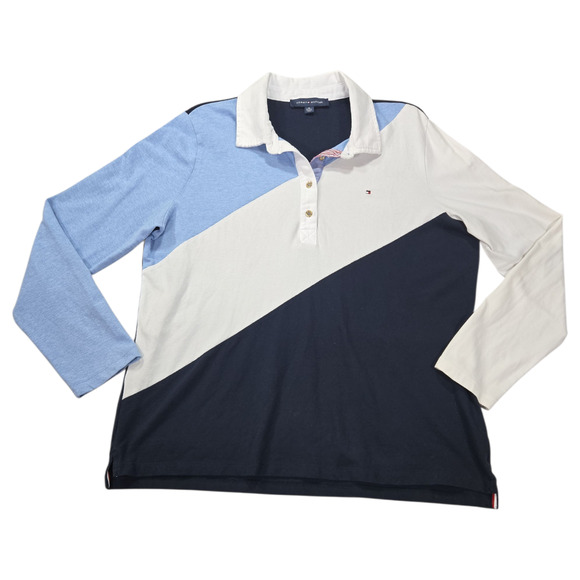 Tommy Hilfiger Wom XL Navy Blue Diagonal Colorblock Long Sleeve Polo Shirt EUC - Picture 2 of 10